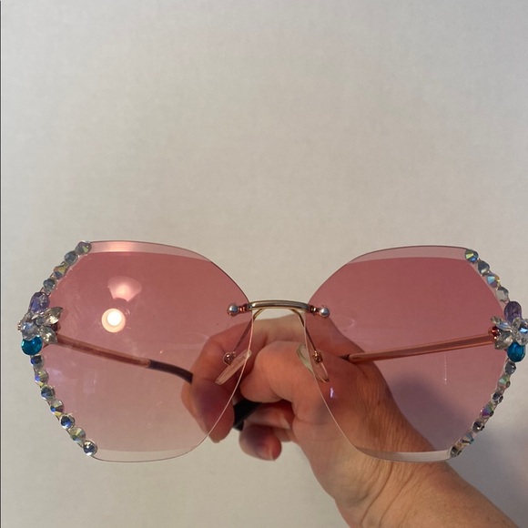 Pink Geometric Rimless Sunglasses with Crystal Embellishments - Picture 3 of 3